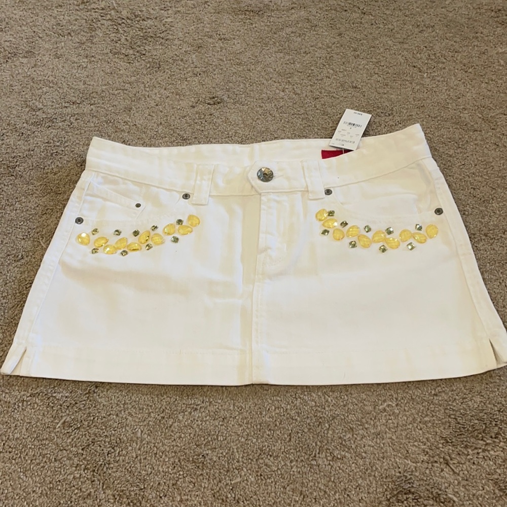 NWT Yellow-Jeweled White Denim Skirt